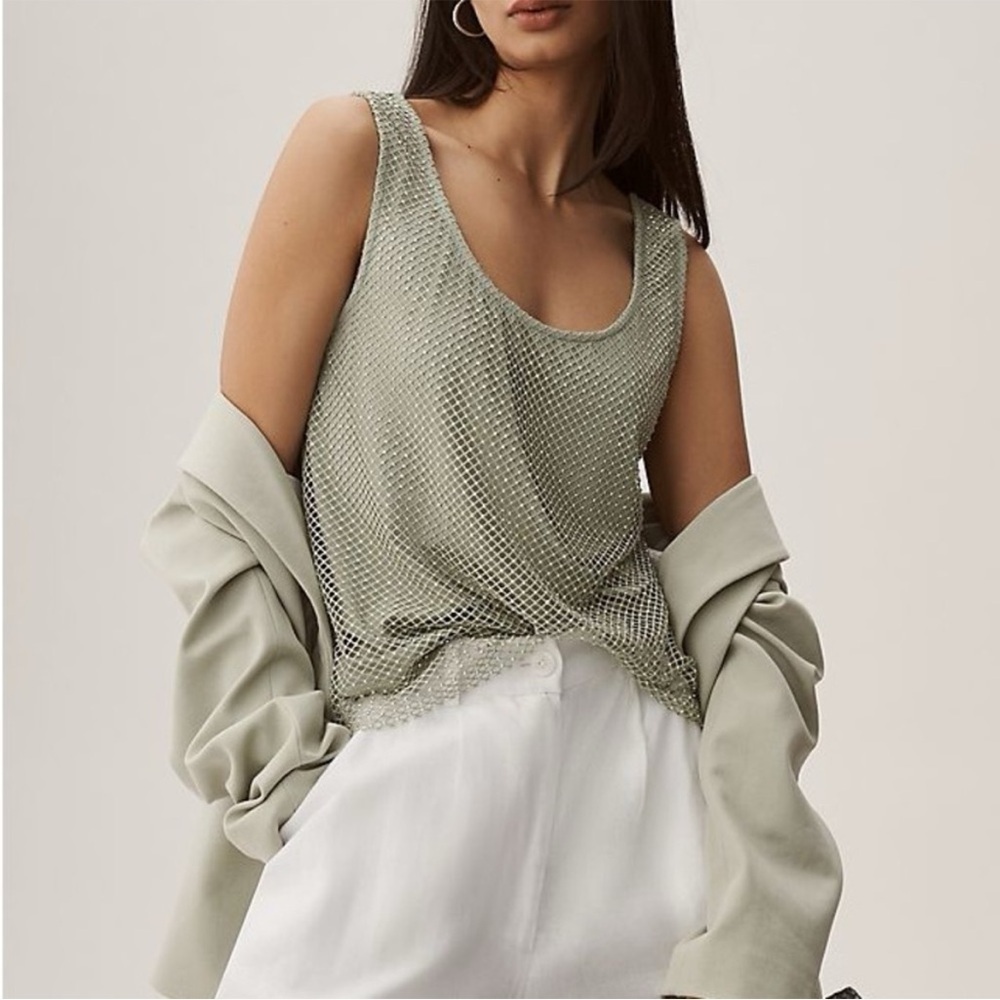 Anthropologie Sunday In Brooklyn Rhinestone Mesh Overlay Tank Top Green XL NWT